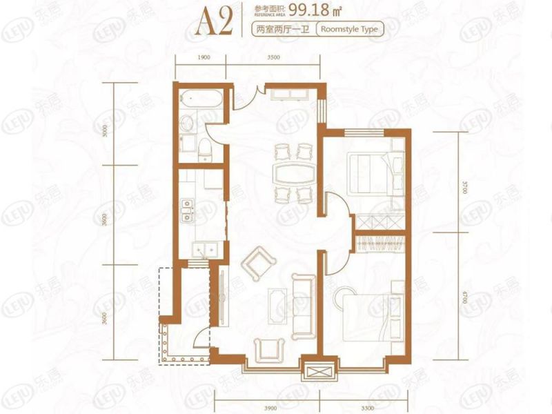 包頭裝修方案名仕花園兩室兩廳一衛(wèi)99.18平方米