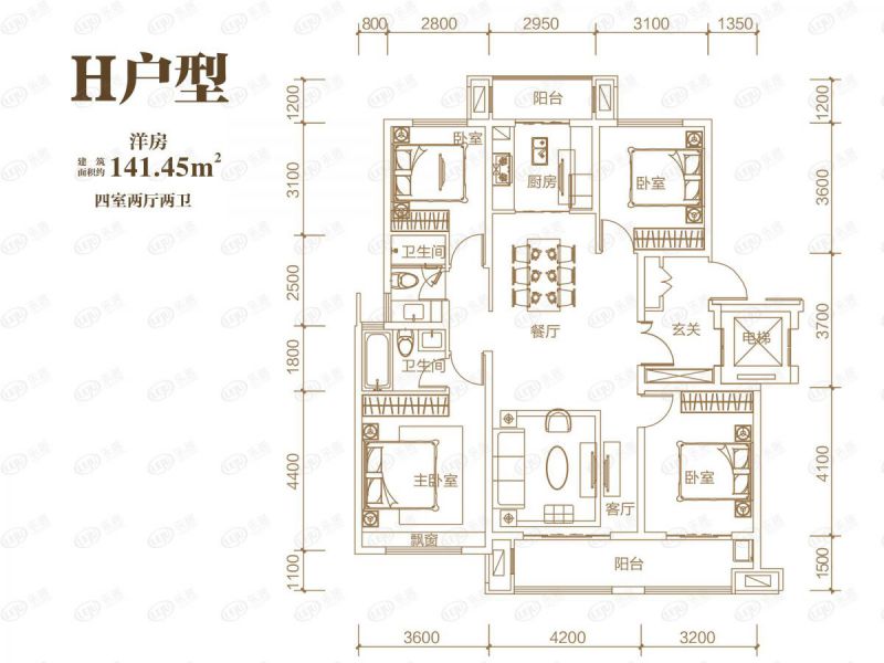 包頭裝修方案中梁·首府壹號(hào)院四室兩廳兩衛(wèi)141.45平方米