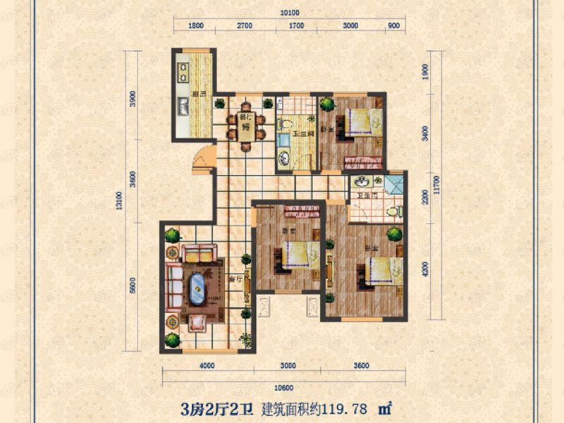 包頭裝修方案中城國(guó)際城三室兩廳兩衛(wèi)119平方米